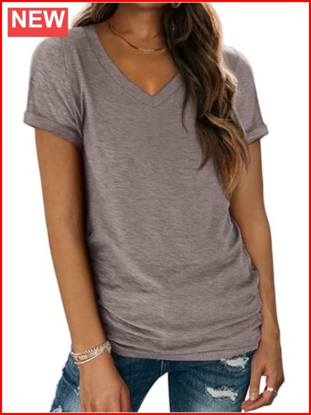 Womens V Neck Short Sleeve T-Shirt Loose Fit Casual Basic Summer Tee